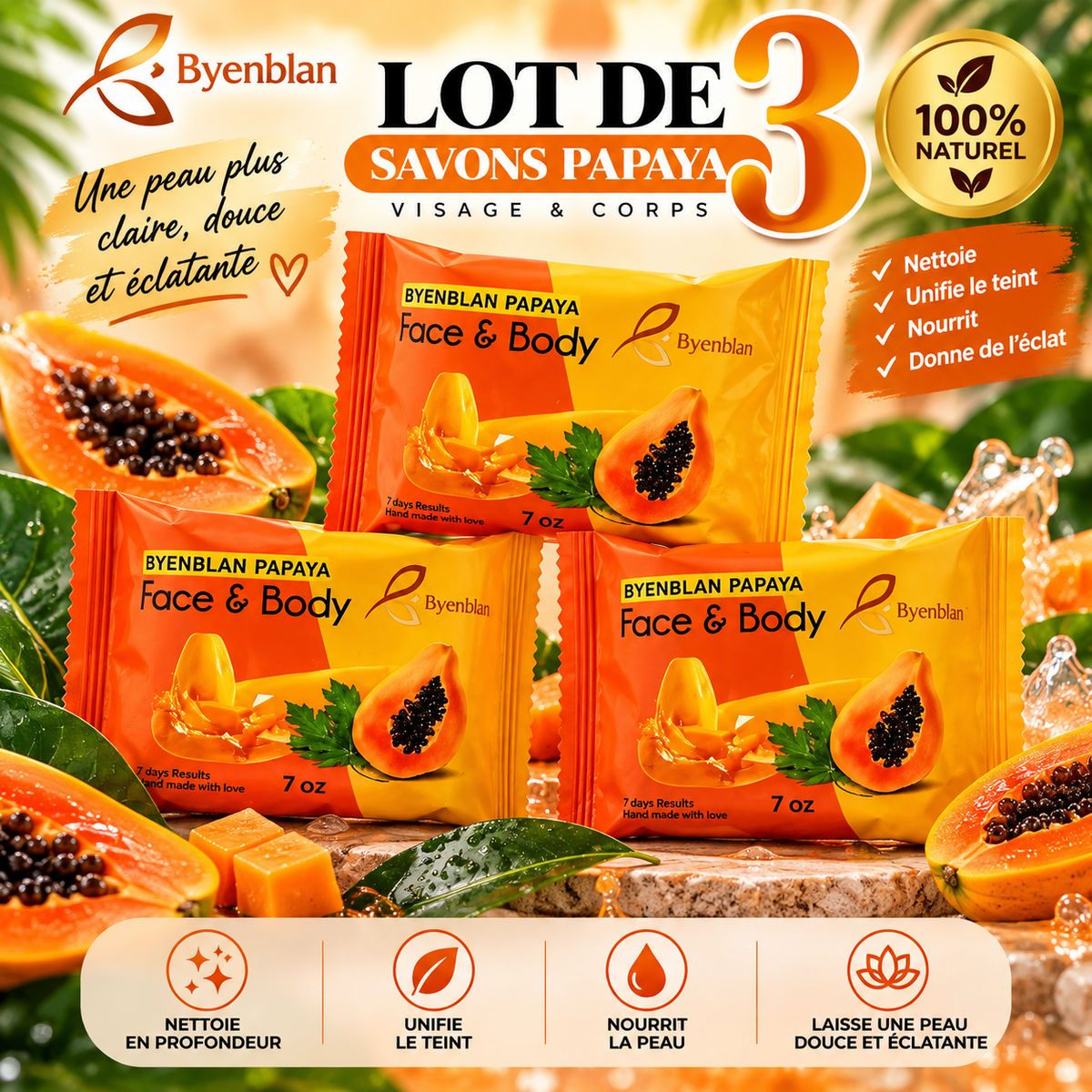 3 savon Papaye Byenblan